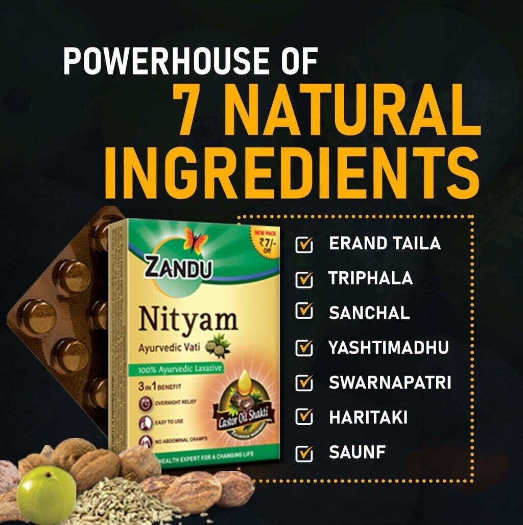 12 pack X Zandu Ayurvedic Nityam Tablets (10Tabs) for Constipation, Gas, Acidity