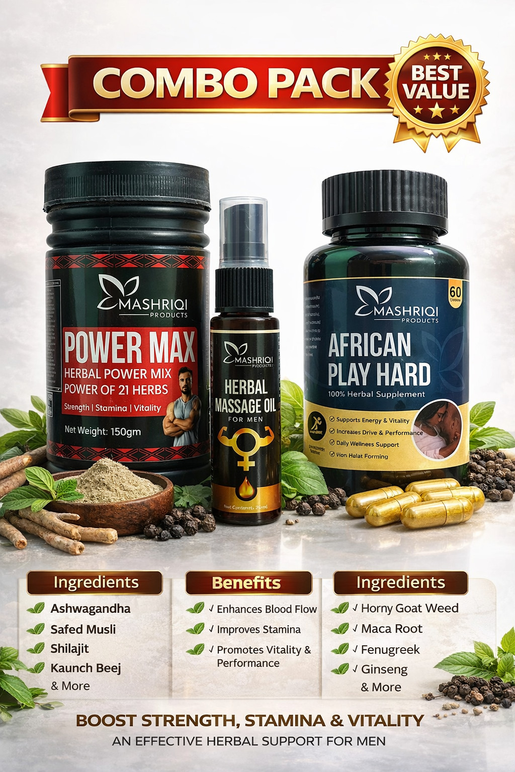 Men’s Power Max 21 Herbal Powder Combo, Oil, Cap Stamina, Energy and Wellness