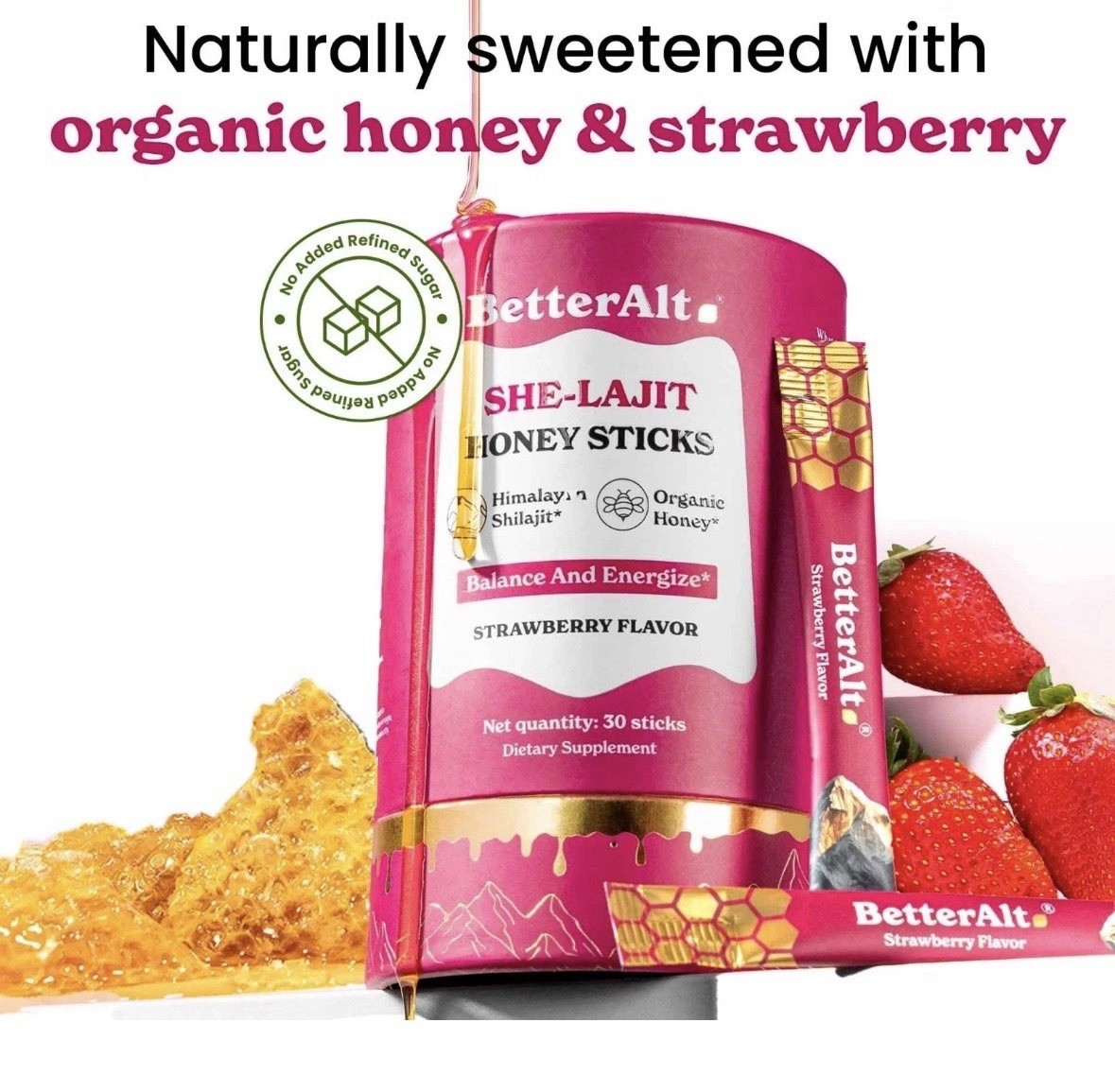 BetterAlt Pure Himalayan She-Lajit Honey Sticks Strawberry Flavor 30 Sticks