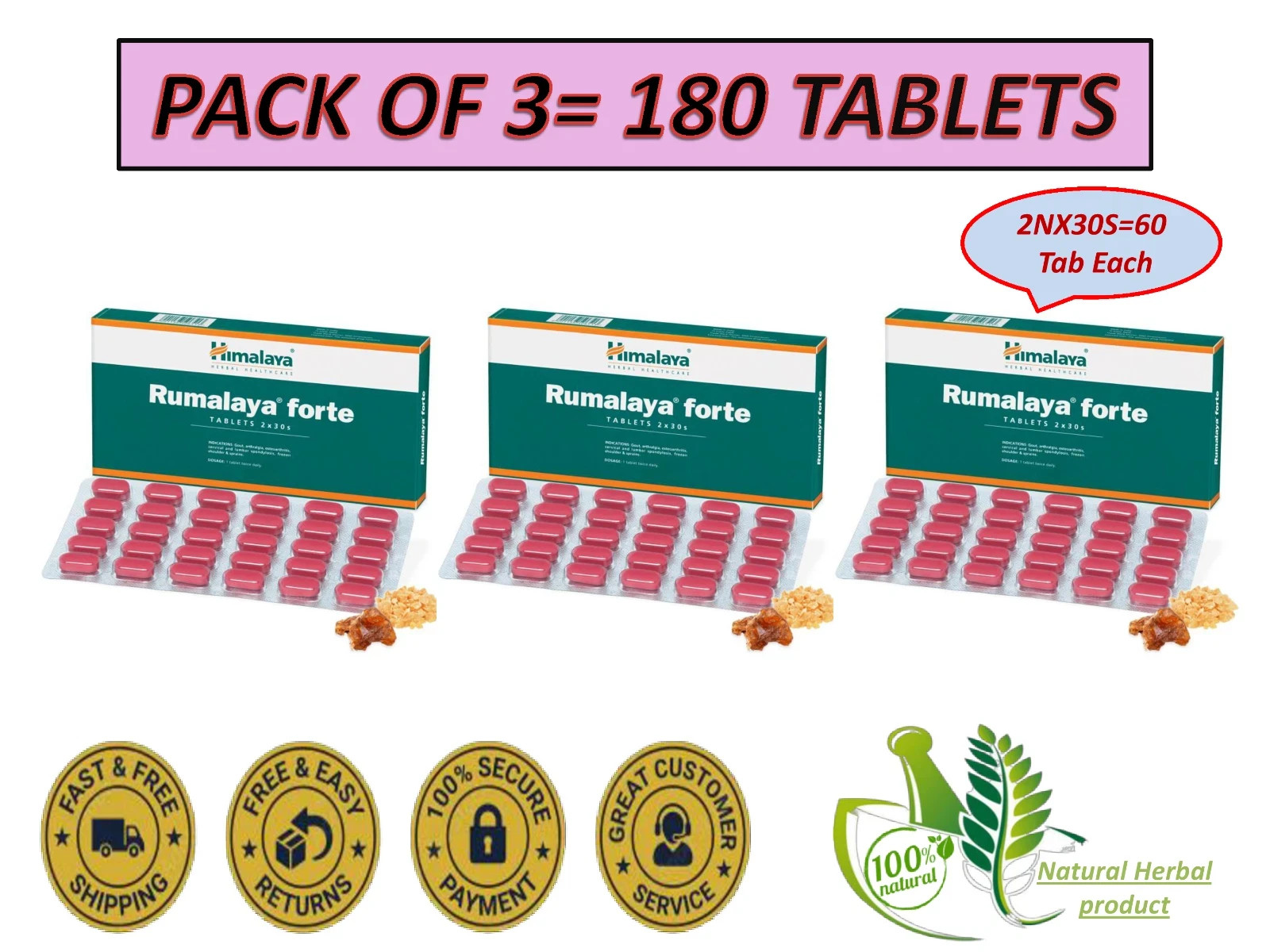 PACK OF 3-Himalaya Rumalaya Forte 60TabAnti-Inflammatory, Aches & Pains Exp2027