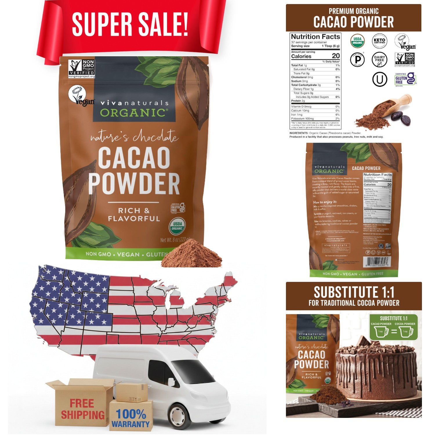 8 Ounce Organic Cocoa Powder – Unsweetened, Non-GMO & Perfect for Keto Recipes