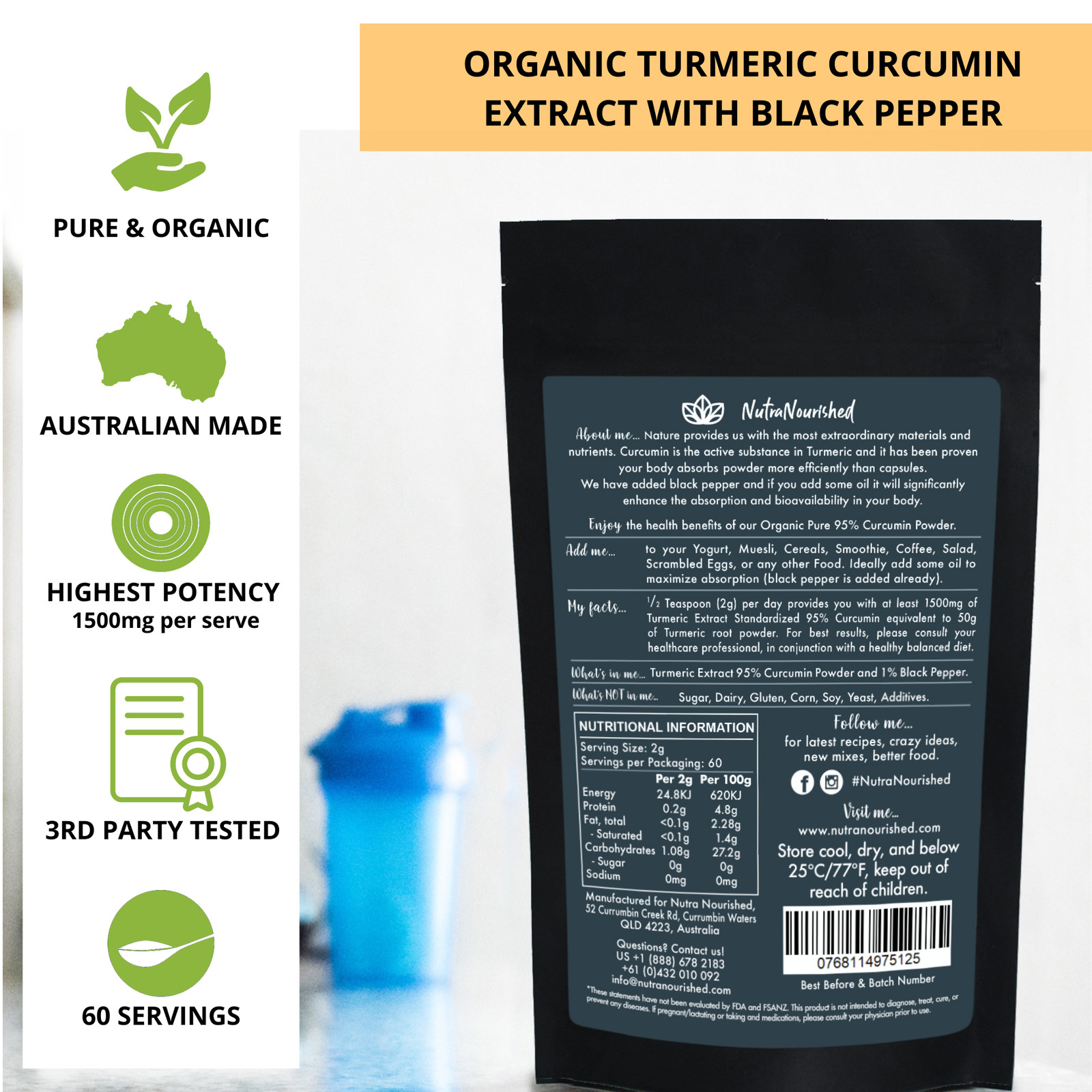 95% Pure Organic Curcumin Powder – 1500mg of Turmeric Extract Buffered