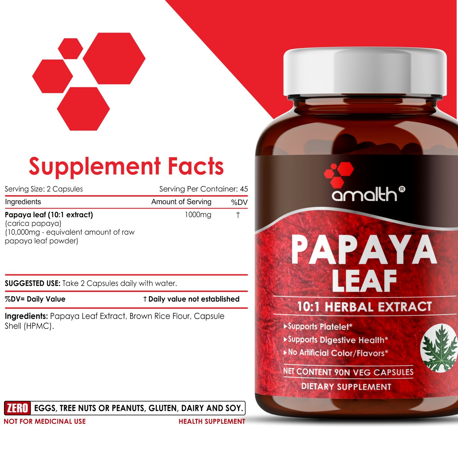 Papaya Leaf Extract Powder Carica Supports Platelet 10000mg Capsules – 90 Pills