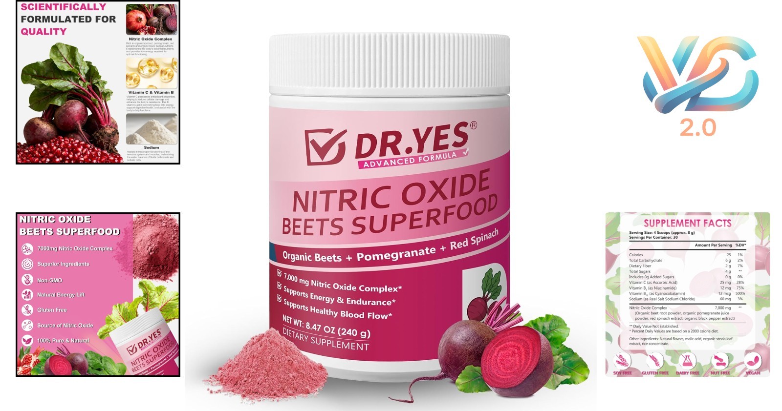 DR.YES Organic Beet Root Powder 8.47oz Nitric Oxide Support Non-GMO Gluten-Free