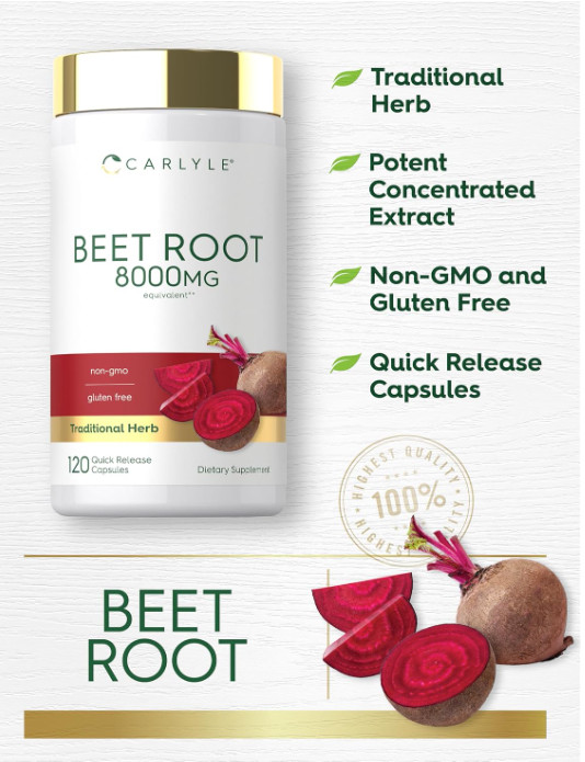 USDA Organic Extra Strength Beet Root 20:1 Extract 8000 mg Strength 120 Capsules