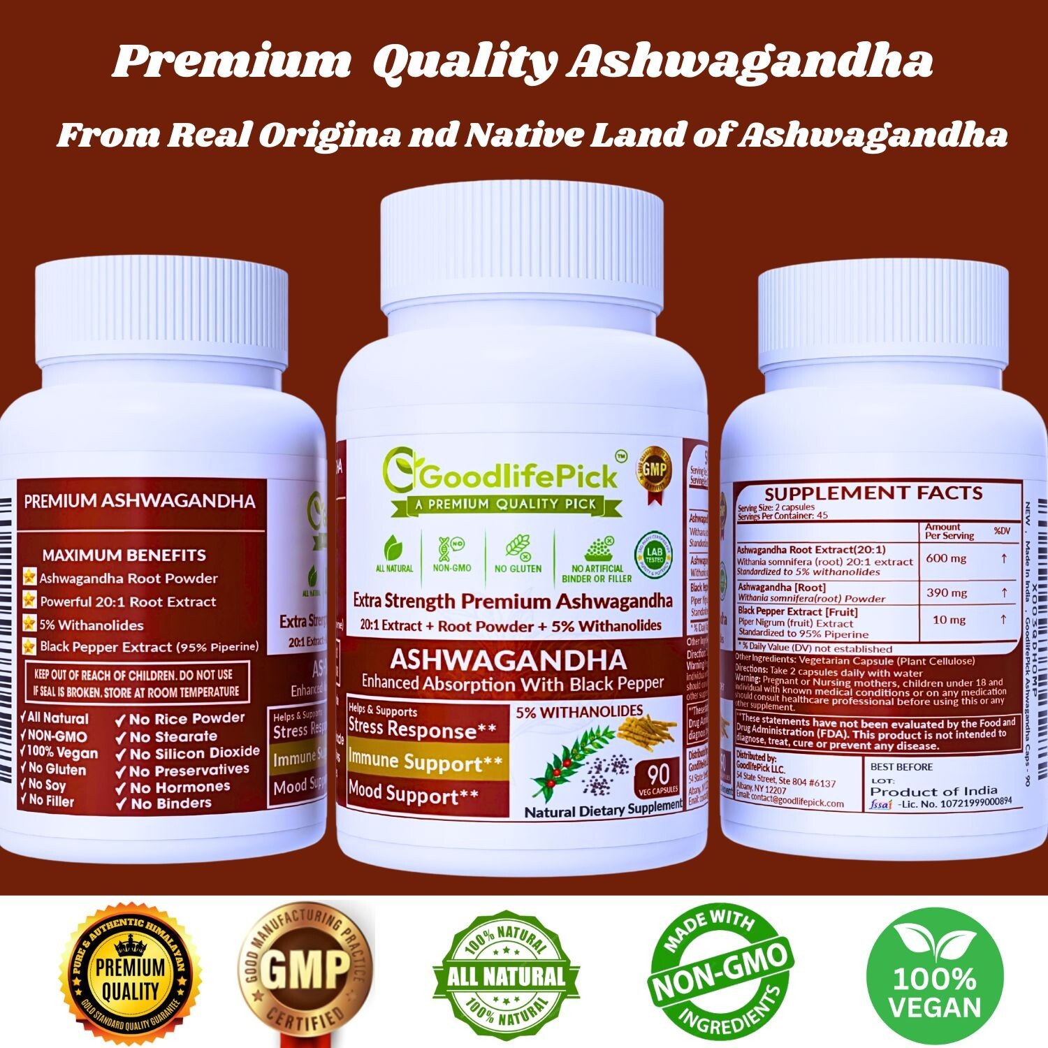 Best Ashwagandha 12300 mg with 5% Withanolides Black Pepper 90 cap Max Benefits