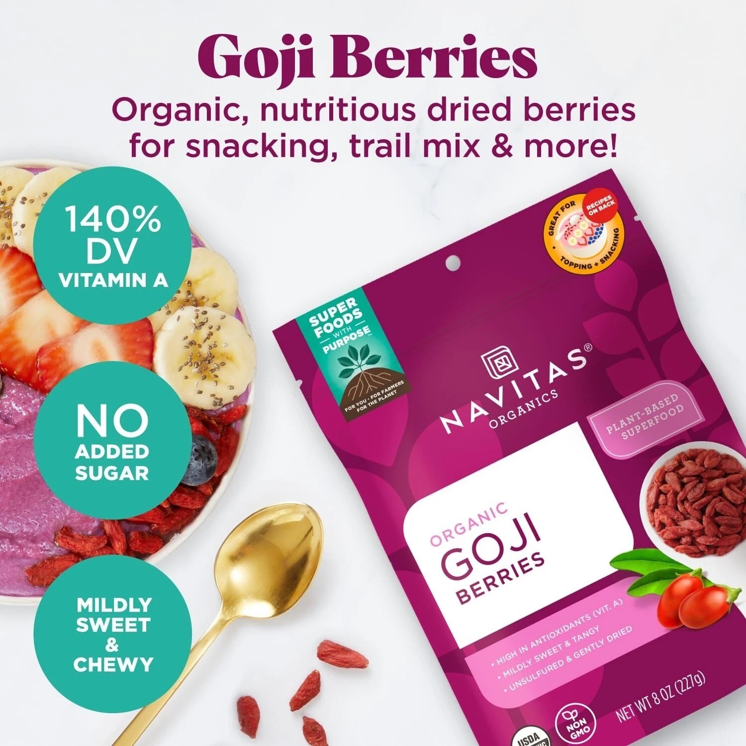 Navitas Organics Goji Berries—Organic Non-GMO, Sun-Dried,8 oz.Bag,8 Servings