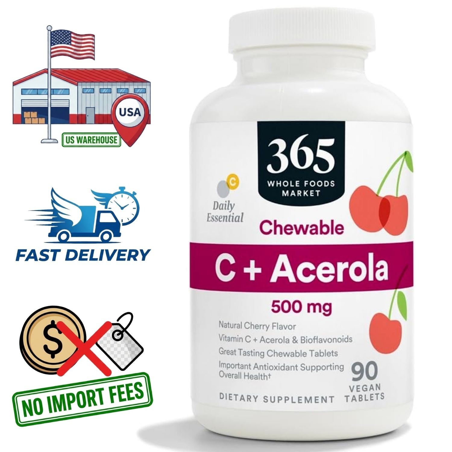Vitamin C 500mg + Acerola, Citrus, Raspberry & Black Currant, 90 Tablets