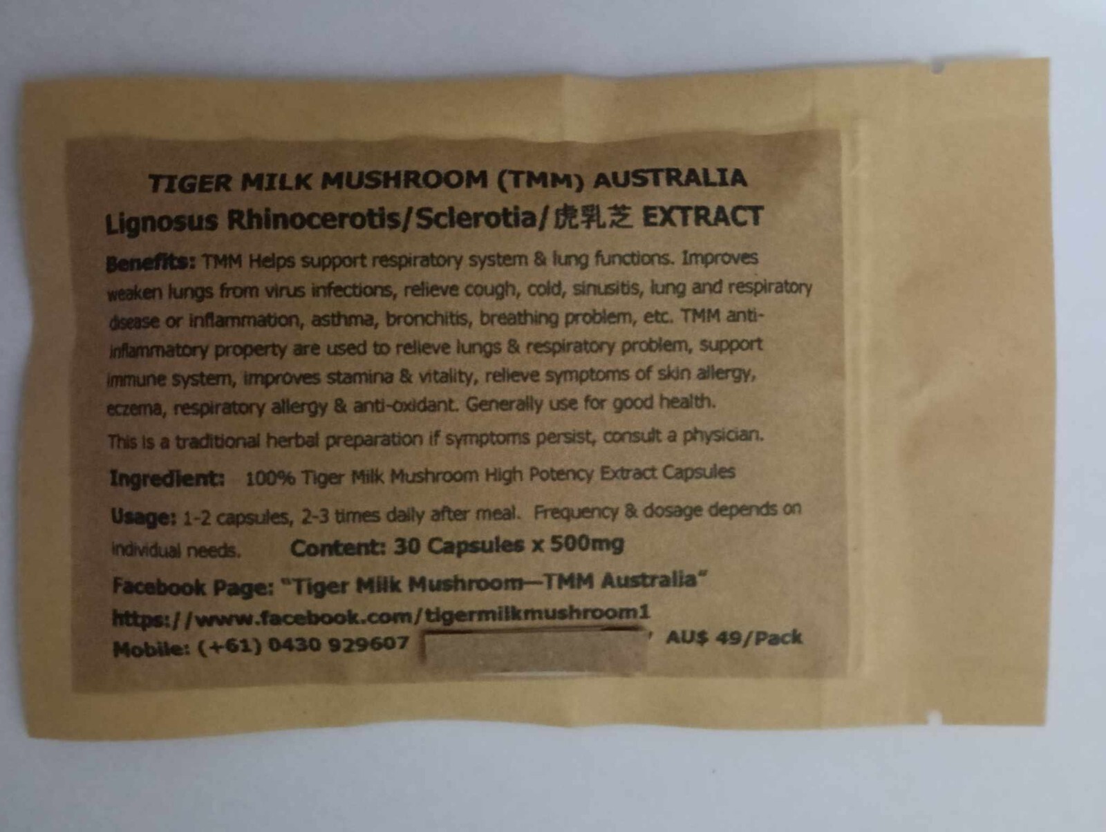 Improve Lung Functions Tiger Milk Mushroom Pure Extract 90 Capsules x 500mg