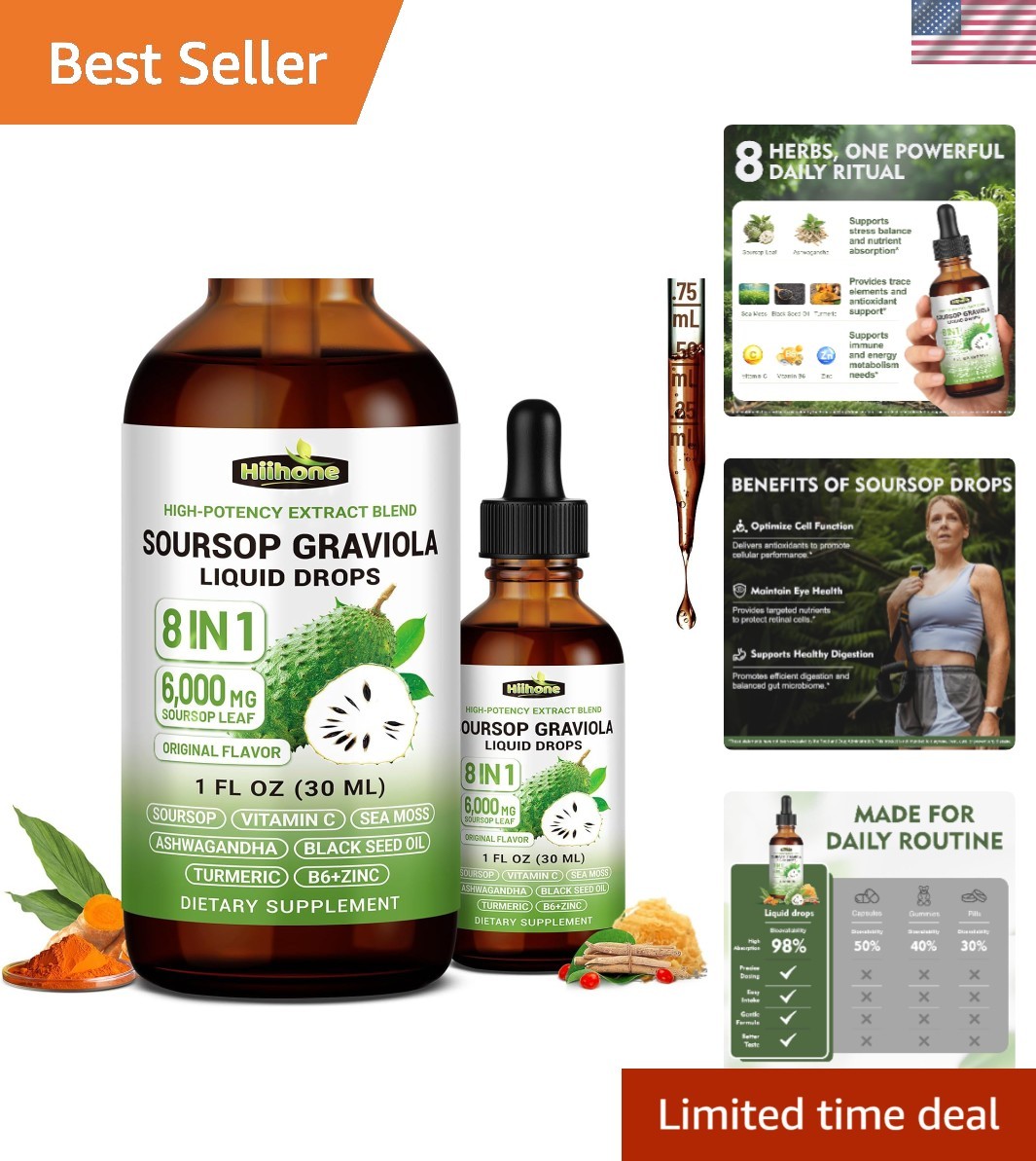 Nourishing 8 in 1 Graviola Soursop Liquid with Turmeric & Ashwagandha – 1 Fl Oz