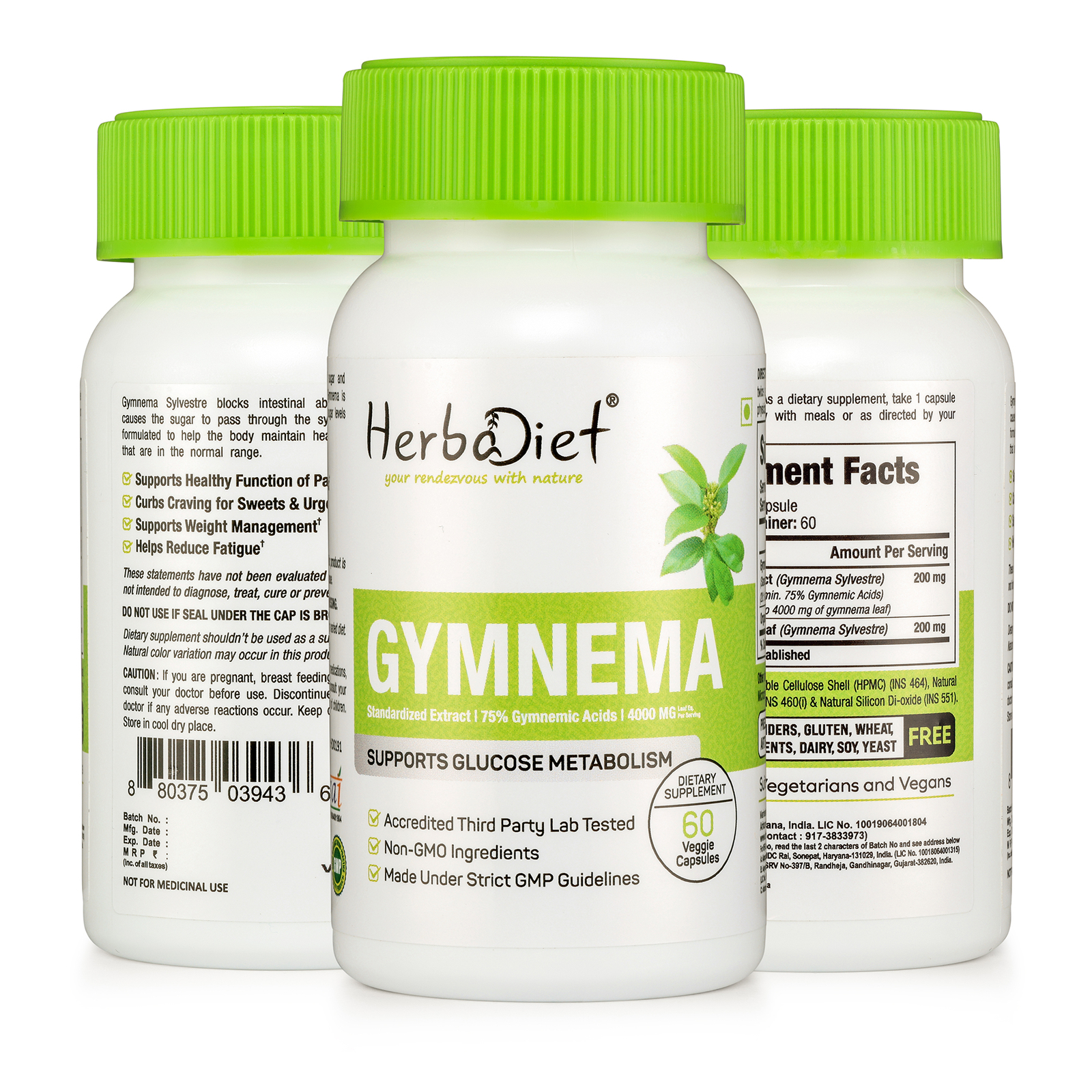 Gymnema Sylvestre 75% Extract 400 mg 120 Capsules Blood Sugar Control Supplement