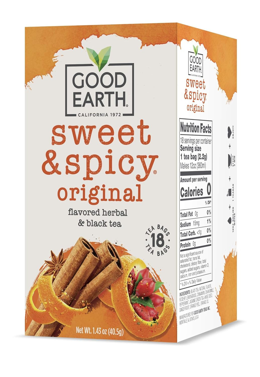 Good Earth Herbal & Black Tea, Sweet & Spicy, 18 Count Tea Bags (Pack of 6) (Pac