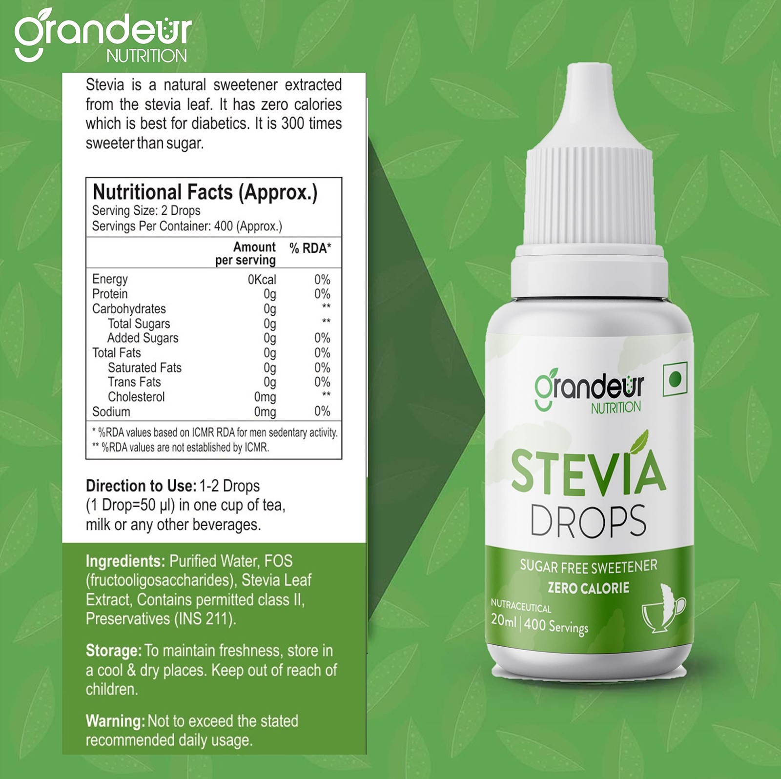 Grandeur Stevia Drops | Sugar-Free, Keto-Friendly Sweetener | 40ml | 2 Pack