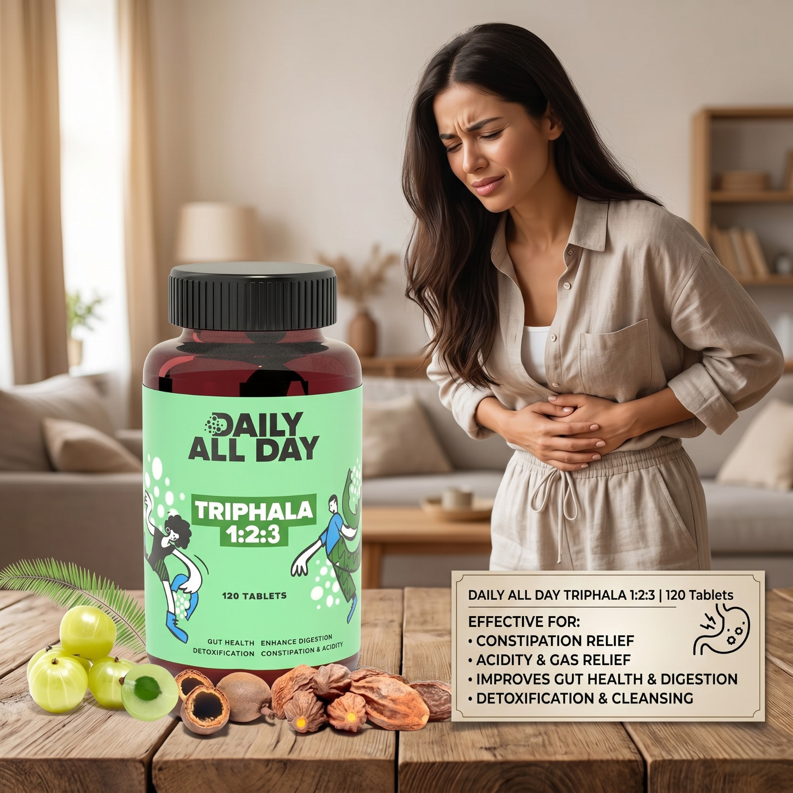 Daily All Day Triphala 1 2 3 Ratio Tablets 120 Constipation, Acidity Gas Relief