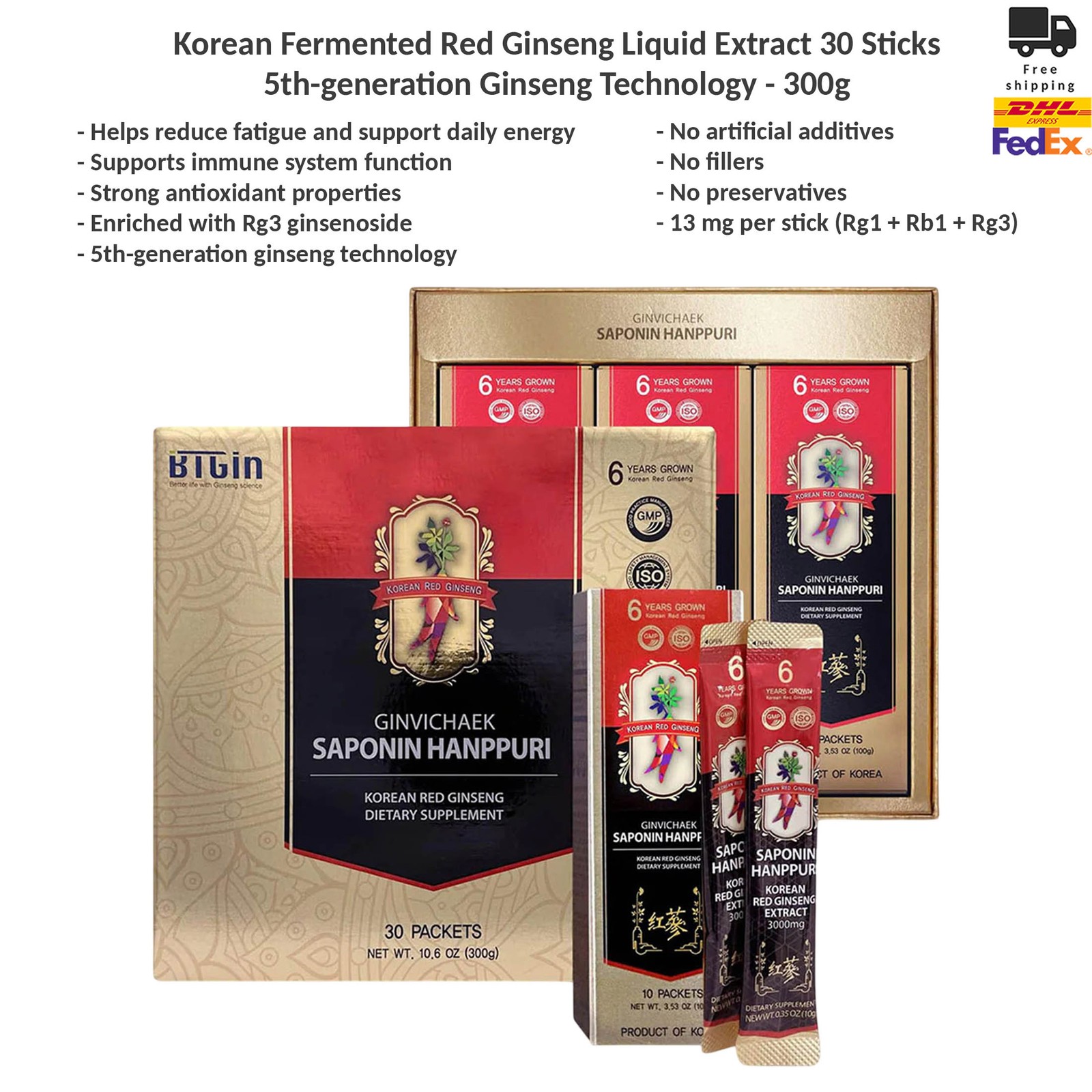 Korean Fermented Red Ginseng Extract 30 Liquid Premium Sticks Rg3 300g