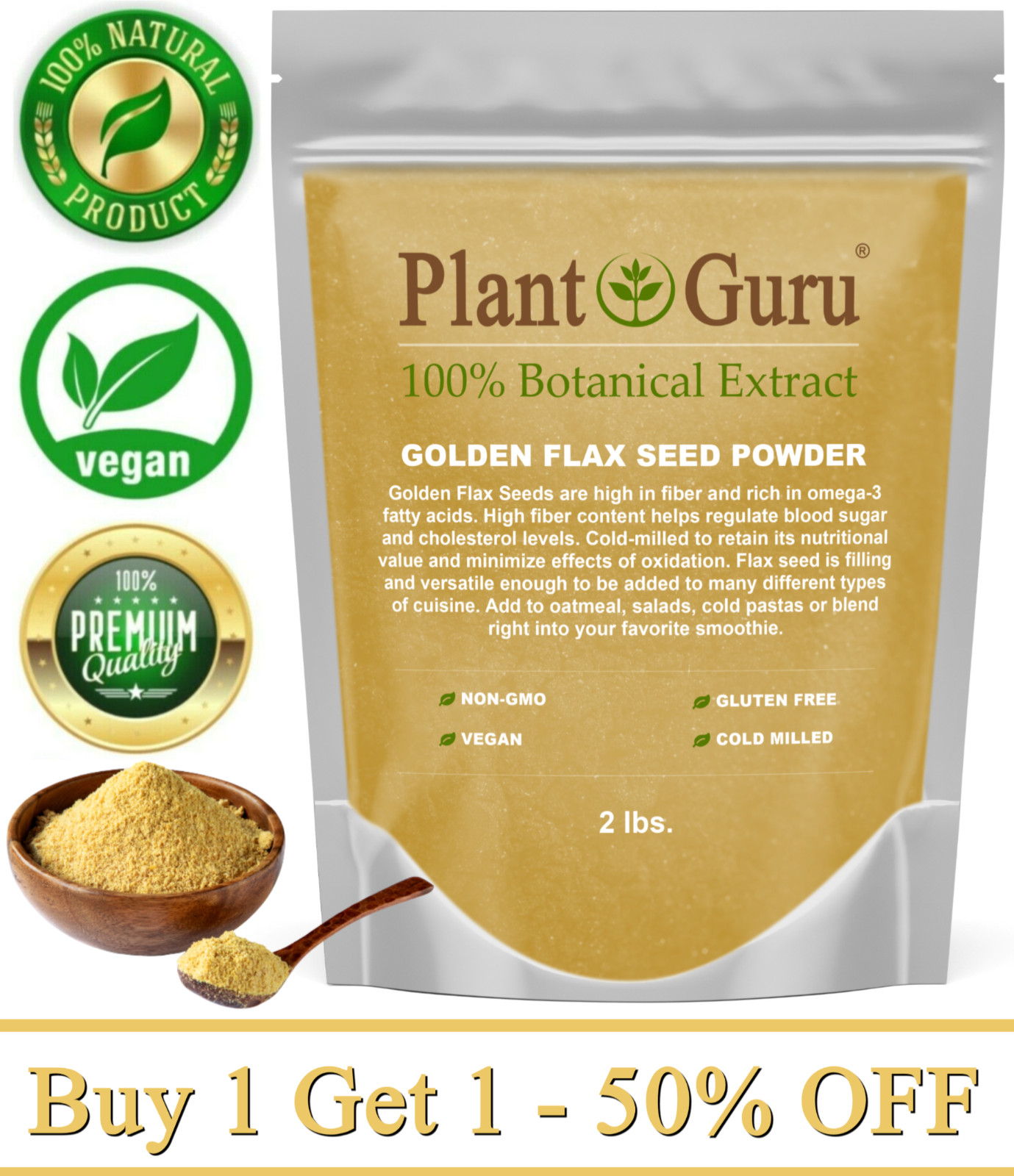 Golden Flax Seed Powder 2 lbs. Omega-3 NON GMO Pure Flaxseed Ground Meal Bulk