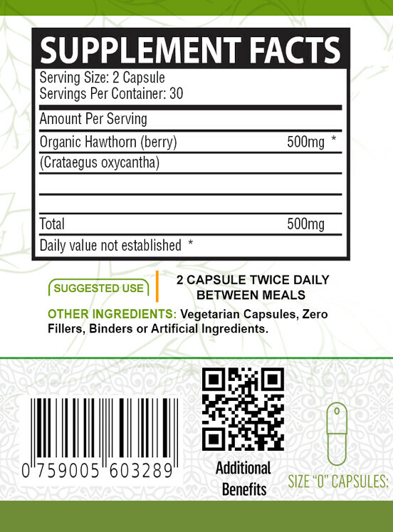 Pure 100% Organic Hawthorn Berry VEGGIE CAPSULES (1000 MG)