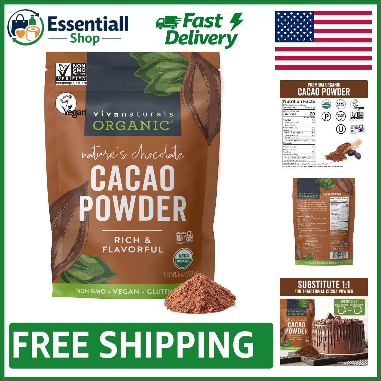 Organic Cacao Powder, 8 oz – Perfect for Baking & Smoothies, Keto-Friendly
