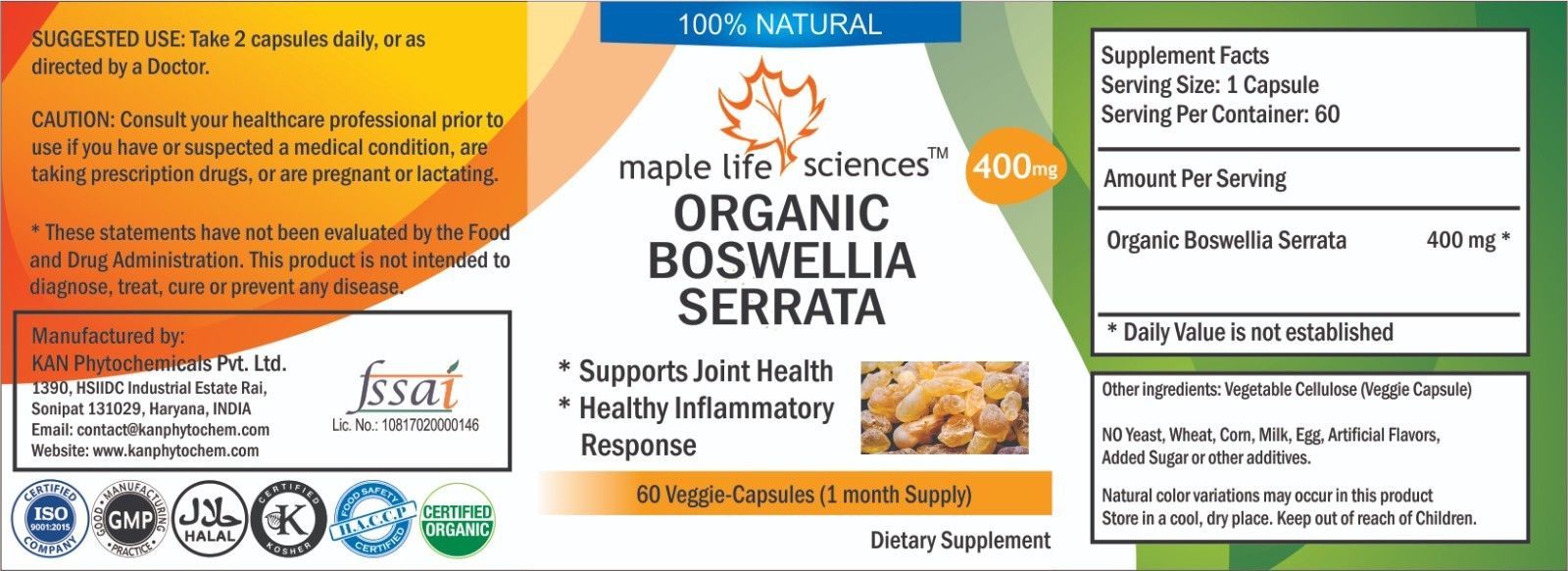 ORGANIC Boswellia Serrata Capsules Boswellic Acids Relief Joint Pain