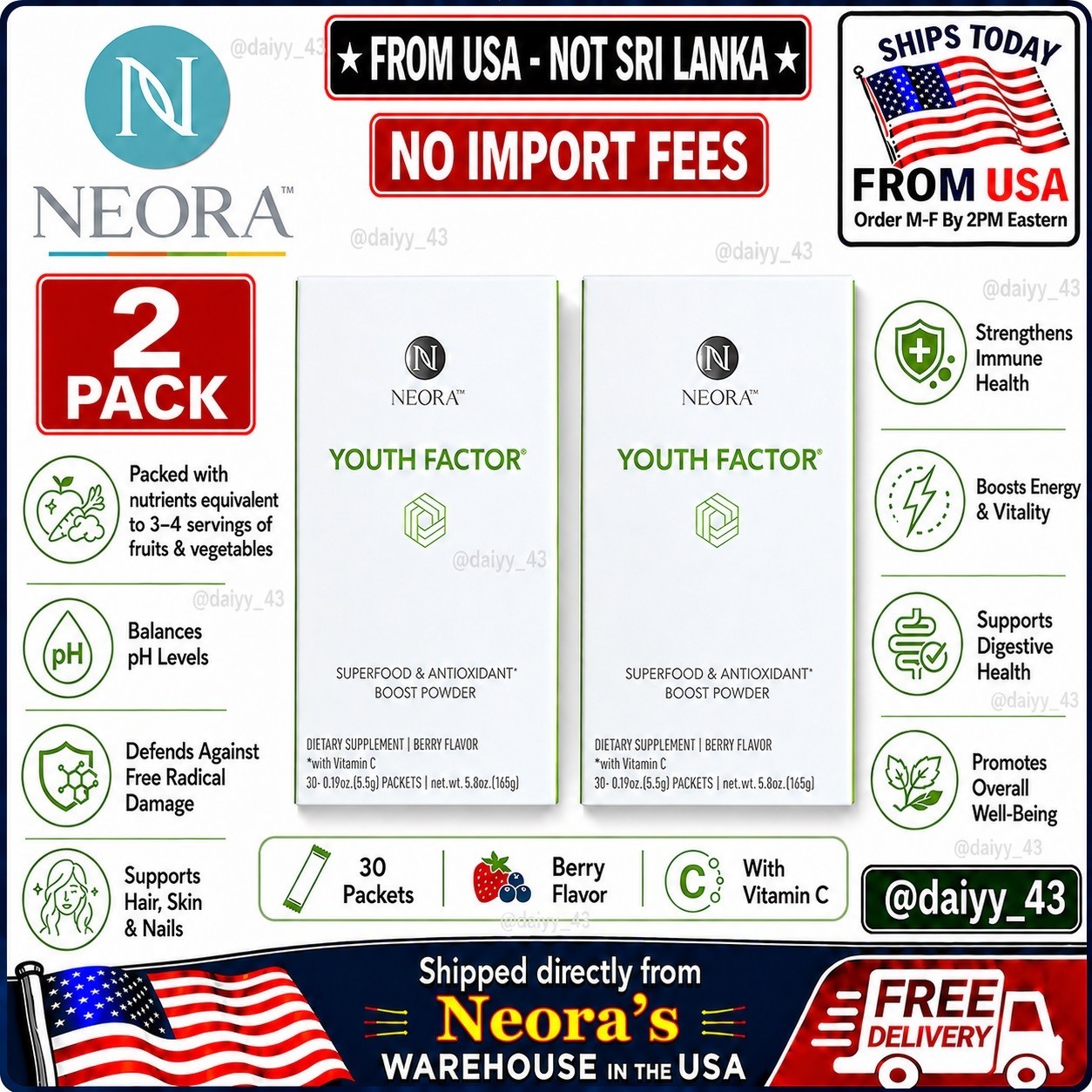 Neora Youth Factor Superfood Antioxidant Powder 2 Pack 60 Packets🚚From USA🚚