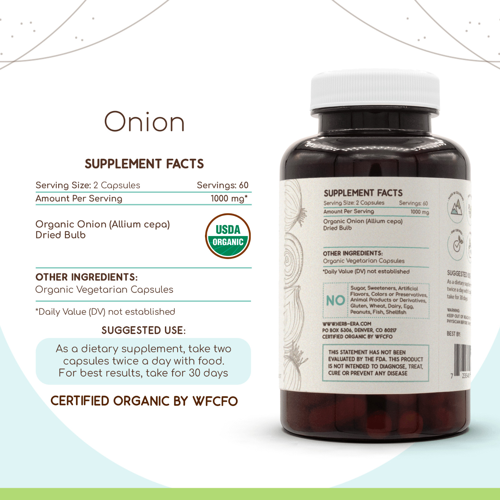 HerbEra Onion 60/120 Capsules, 500 mg, Organic Onion (Allium Cepa)