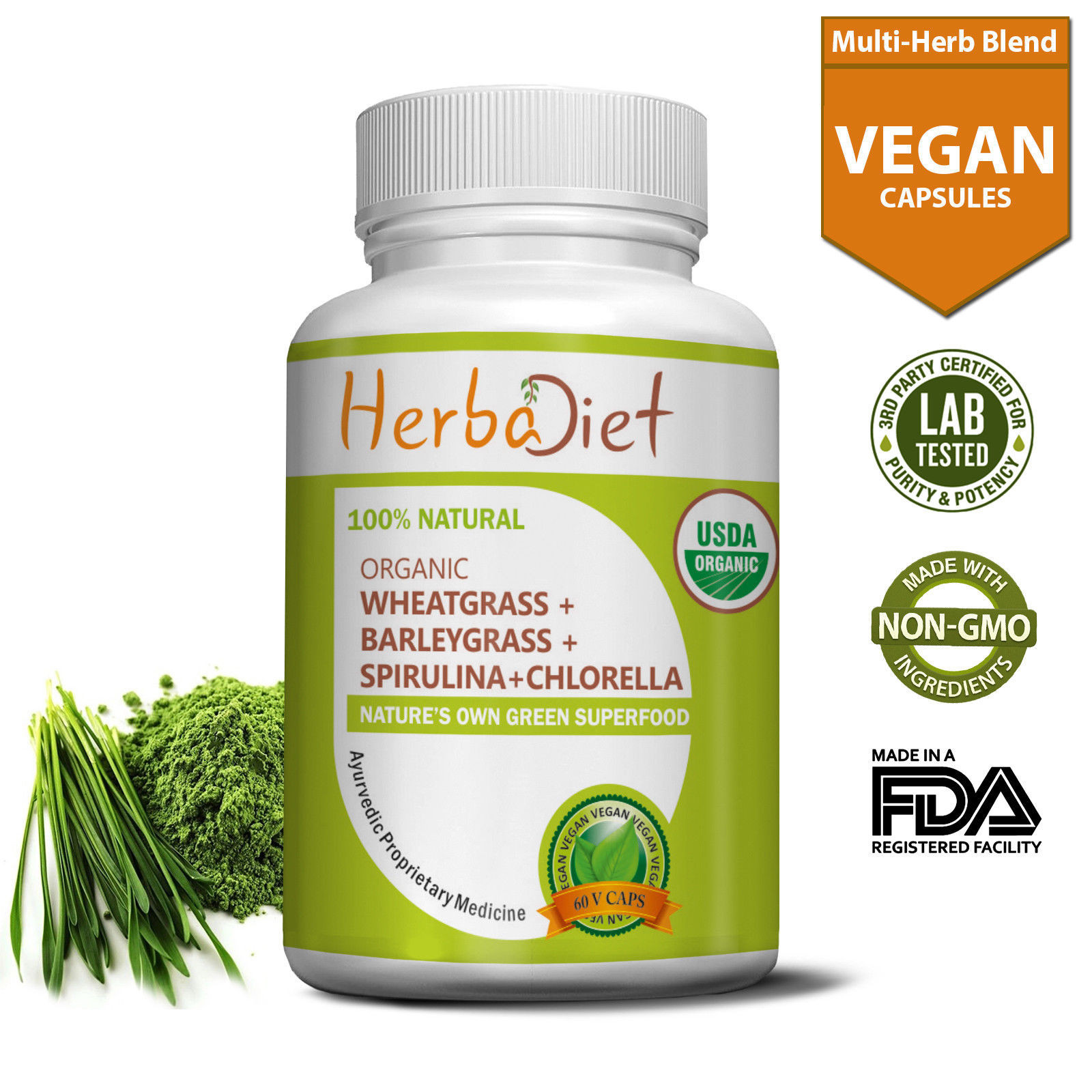 Organic Spirulina + Chlorella + Wheatgrass + Barleygrass Capsules Energy Booster