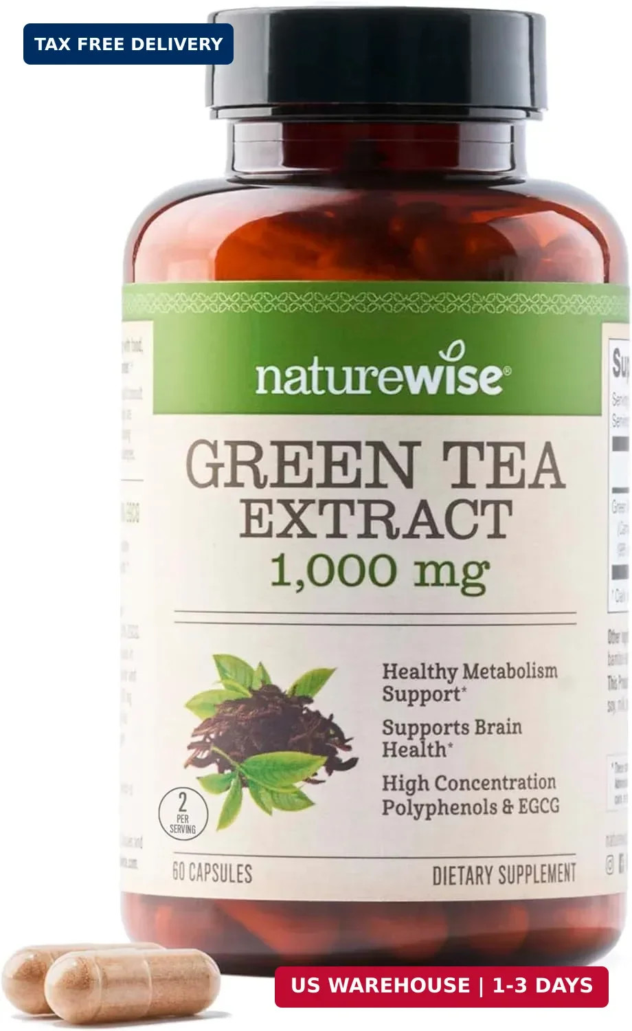 NatureWise Green Tea Extract Capsules 1000 mg – 50% EGCG & 98% Polyphenols – Ext