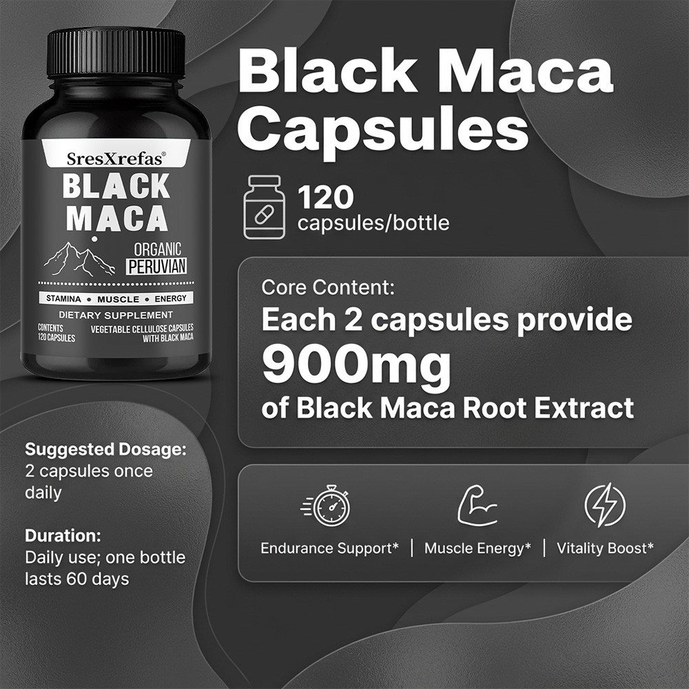 Organic Peruvian Black Maca 900mg For Stamina & Muscle Energy 30/60/120 Capsules