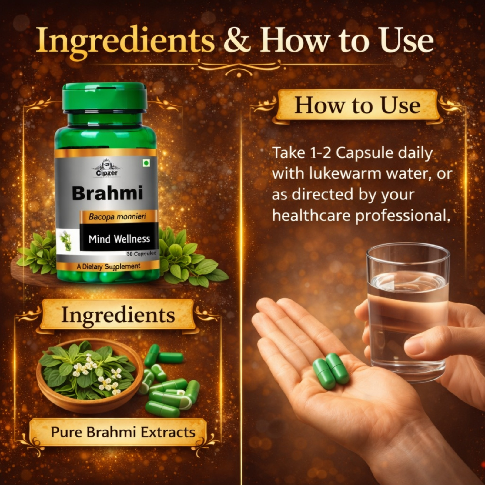 Cipzer Brahmi 60 Capsule | Stress Reducer, Improve Mental Health, Better Sleep
