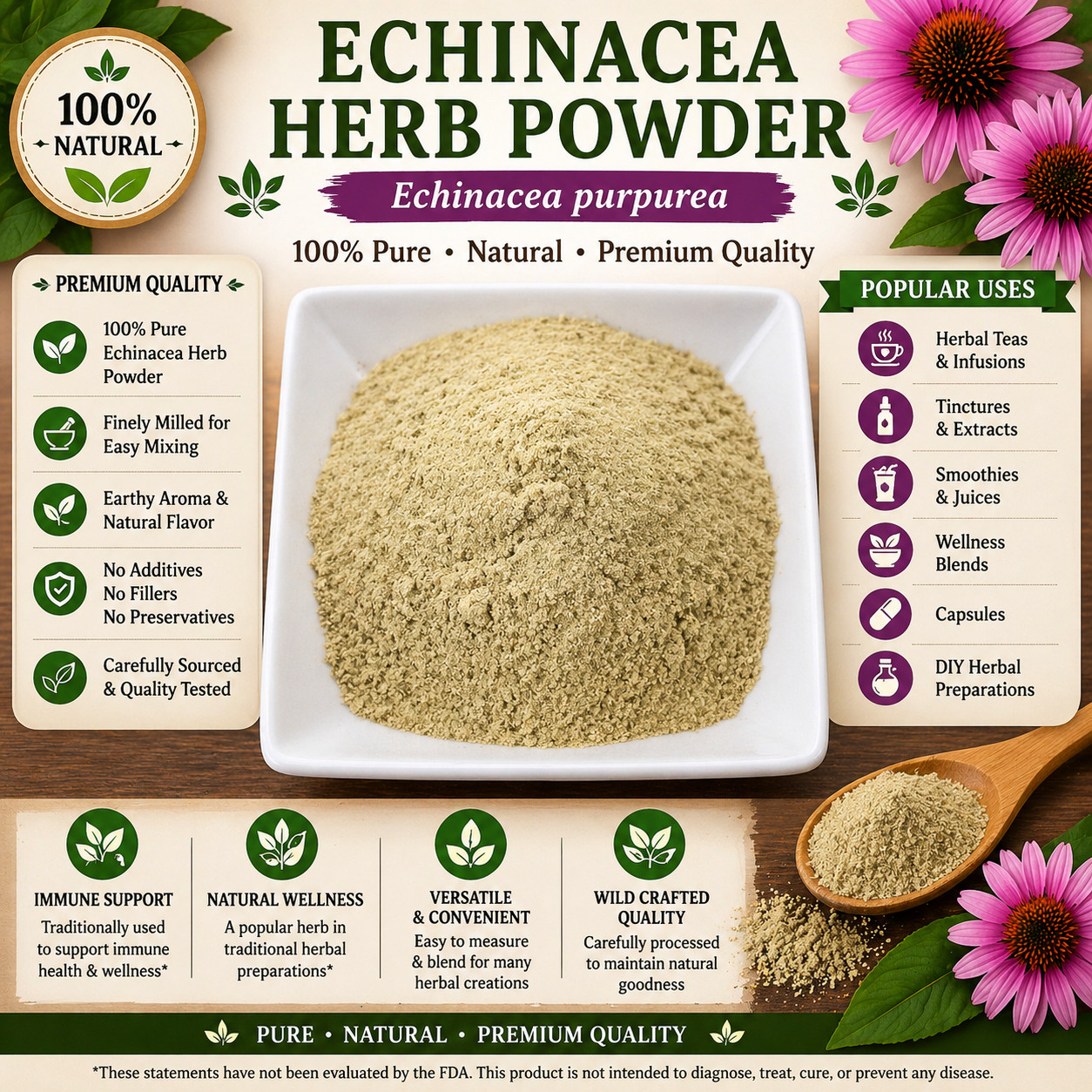 Echinacea Herb Powder Wild Crafted Echinacea purpurea Premium Herbal | USA