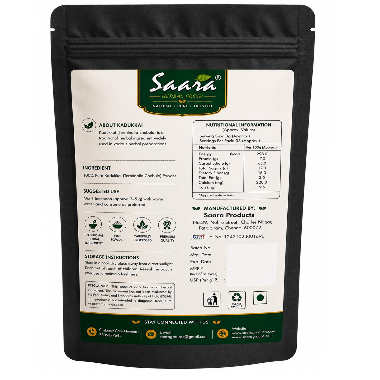 Saara Herbal Fresh Kadukkai Haritaki Black Myrobalan Powder 101g