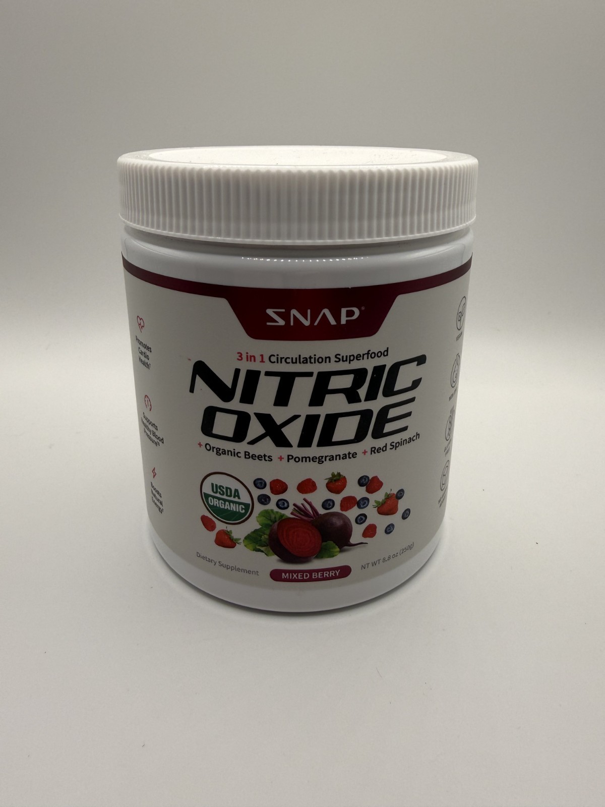 SNAP Nitric Oxide 3in1 Circulation Superfood Mixed Berry NT Wt 8.8 oz 250g – New