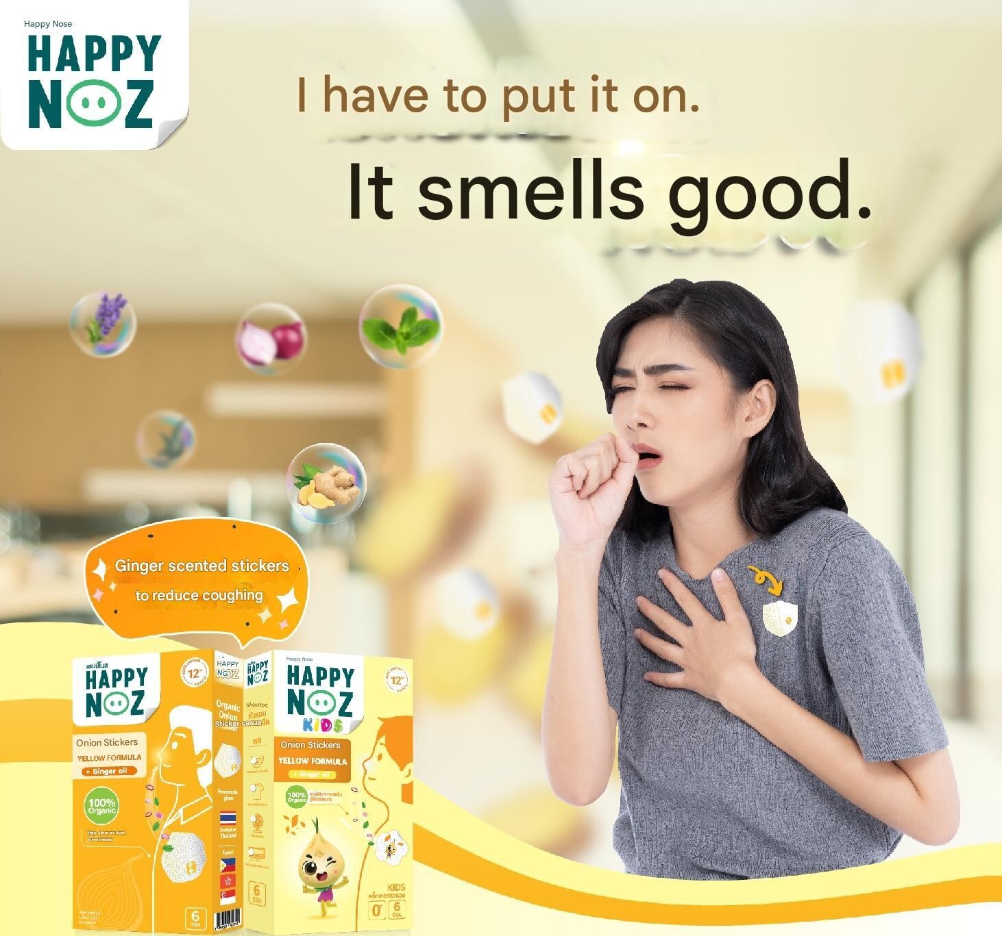 Happy Noz Organic Onion Yellow Sticker Ginger Oil Anti Cough Relieve Runny Nose