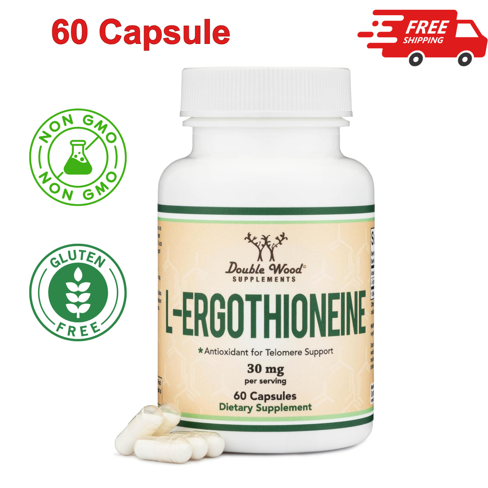 Ergothioneine Supplement (EGT) 30mg of Pure, Plant-Based L-Ergothioneine per Cap