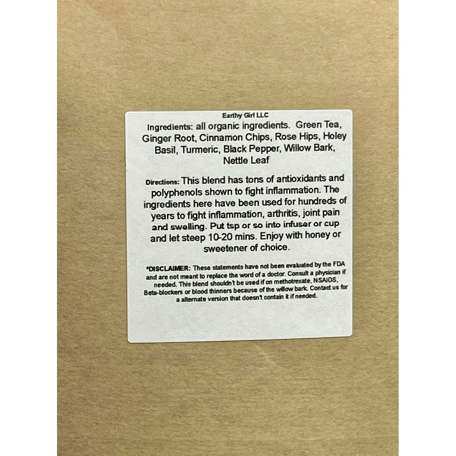 EarthyGirl LLC Joint Pain Relief Tea Blend Organic Ingredients 2 oz