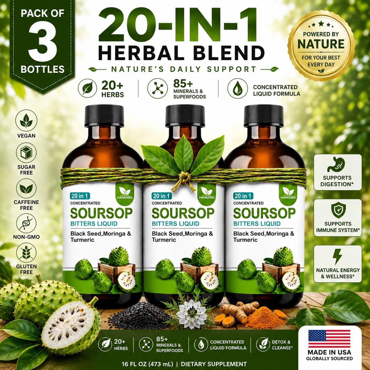 H4HERBS Soursop Bitters Liquid 3 Pack | 20-in-1 Herbal Blend | Black Seed