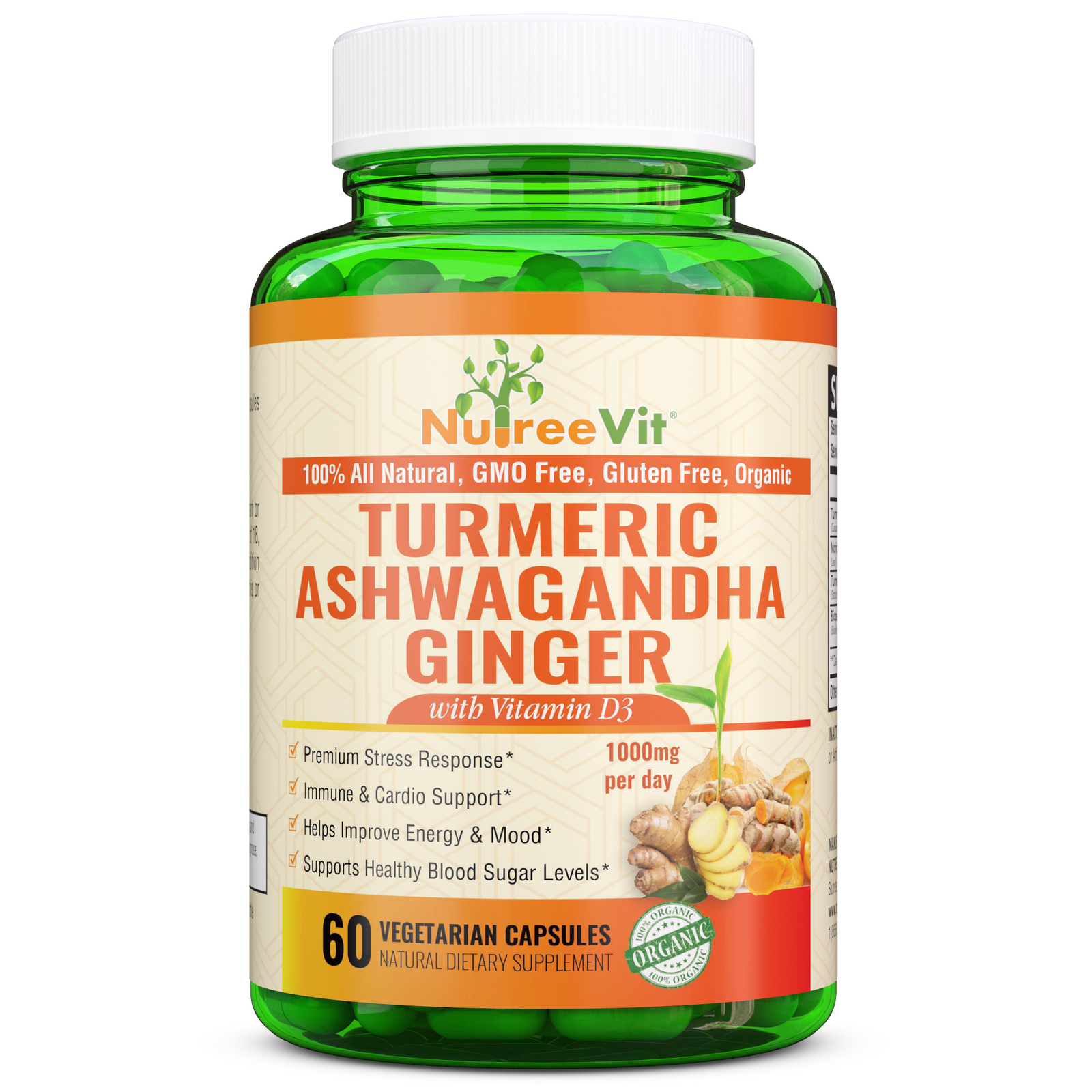 NutreeVit 100% Organic – Turmeric + Ashwagandha + Ginger + Vitamin D3