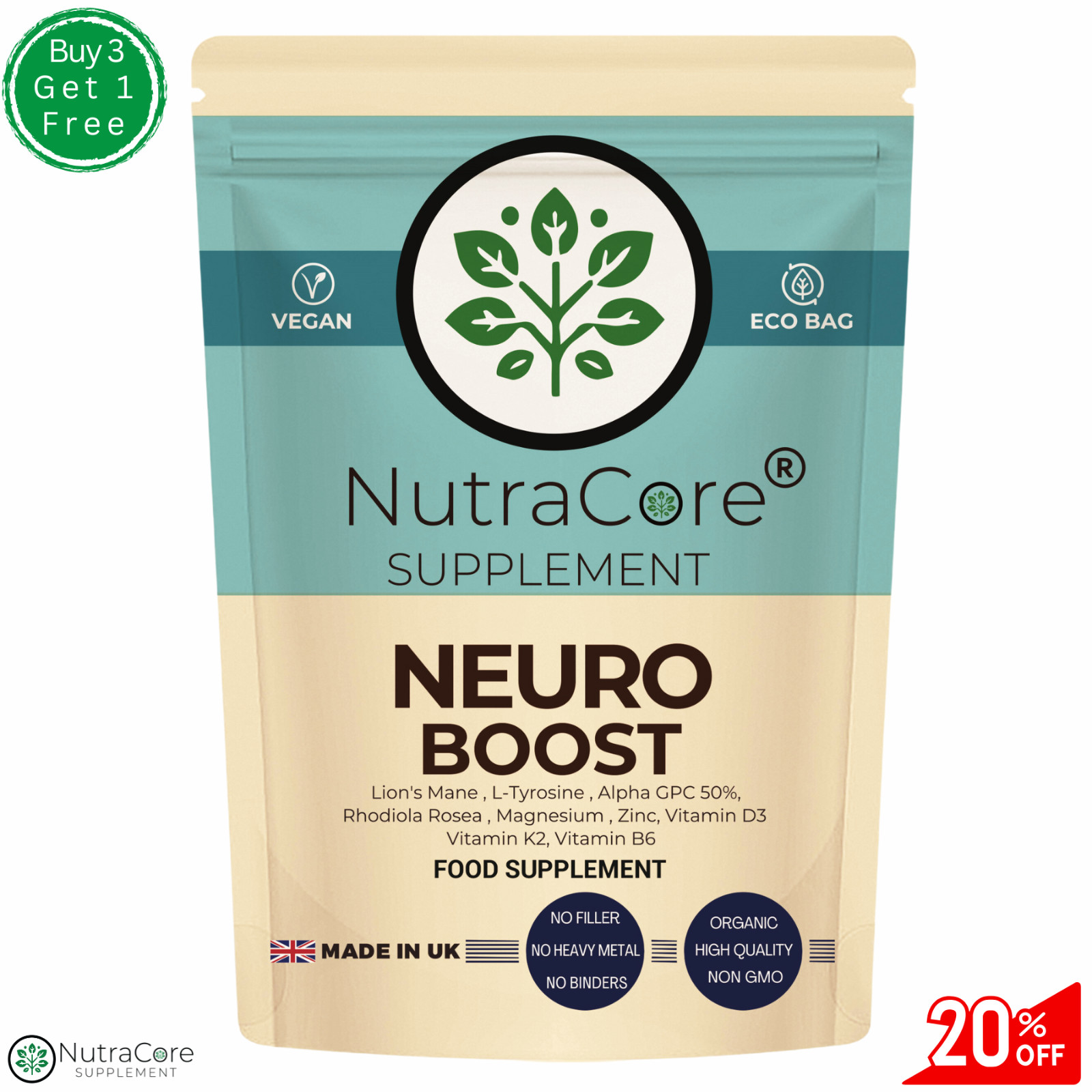 Neuro Boost Capsules-(Lions Mane, L-Tyrosine, Magnesium)-100% Natural & Vegan