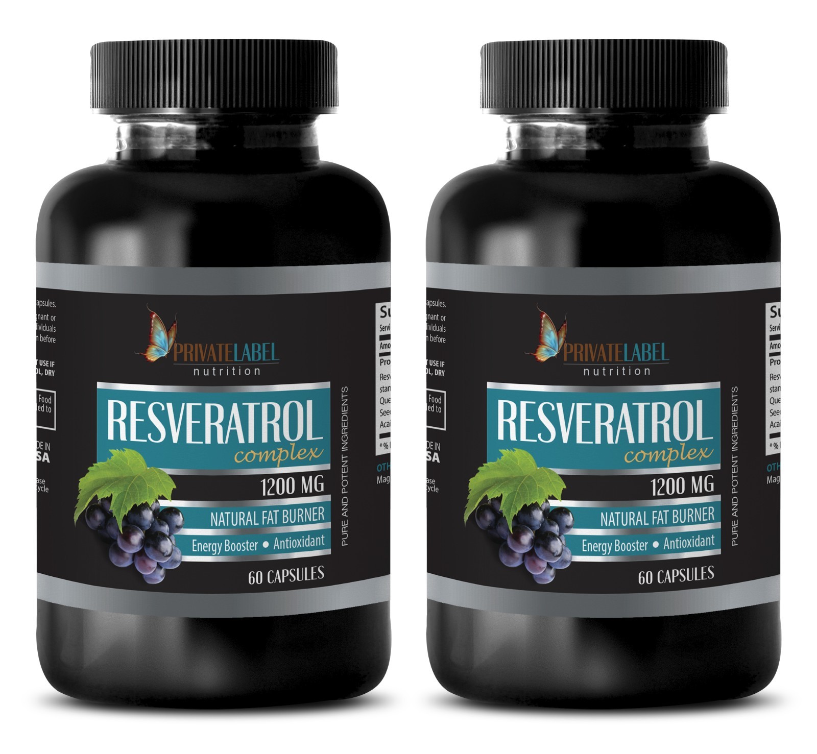 Natural Resveratrol Powder 1200mg Anti-Aging Antioxidant 120 Capsules 2 Bottles