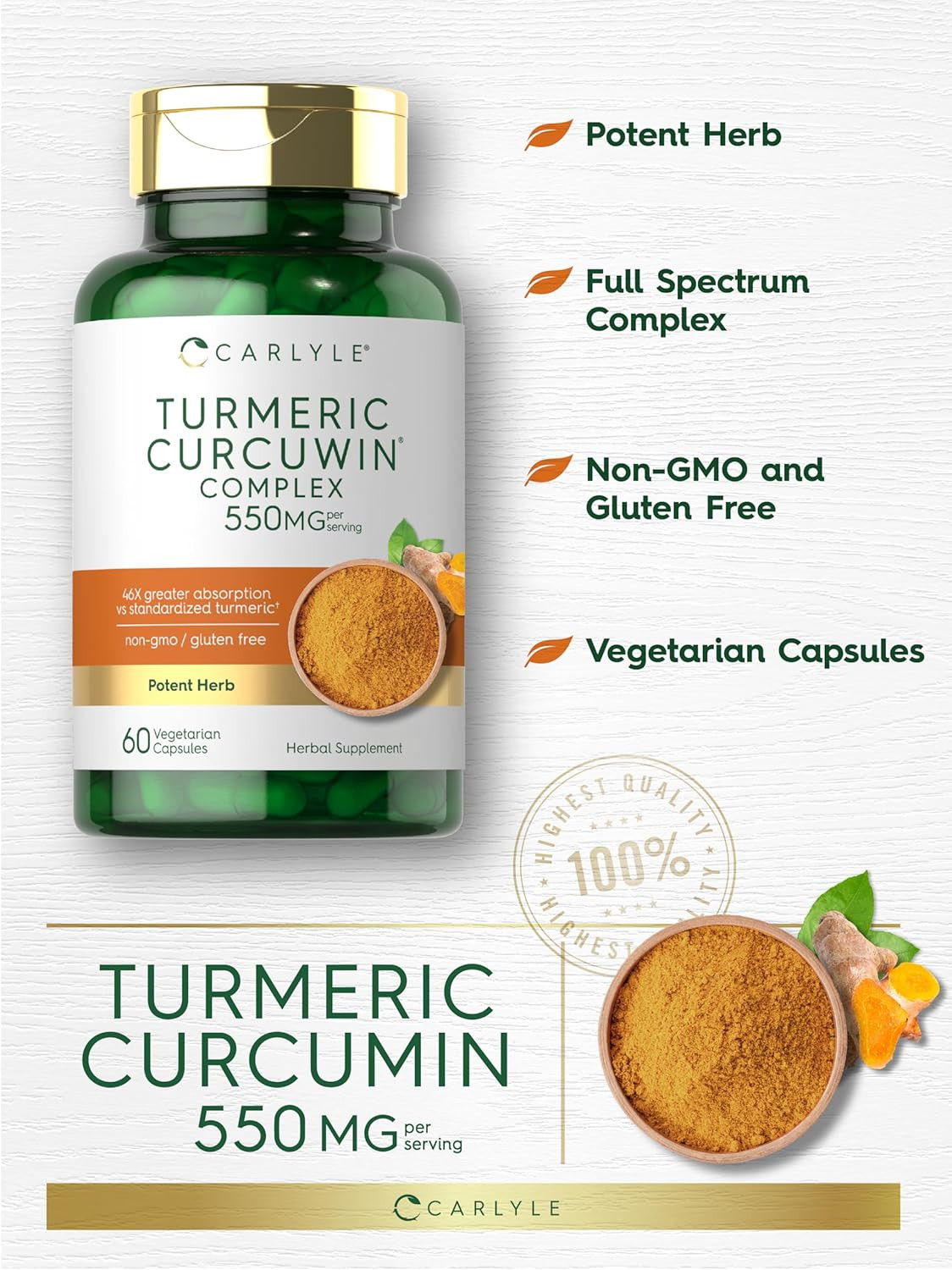Turmeric Supplement 550Mg 60 Capsules Curcuwin Extract Complex Vegetarian, Non-G