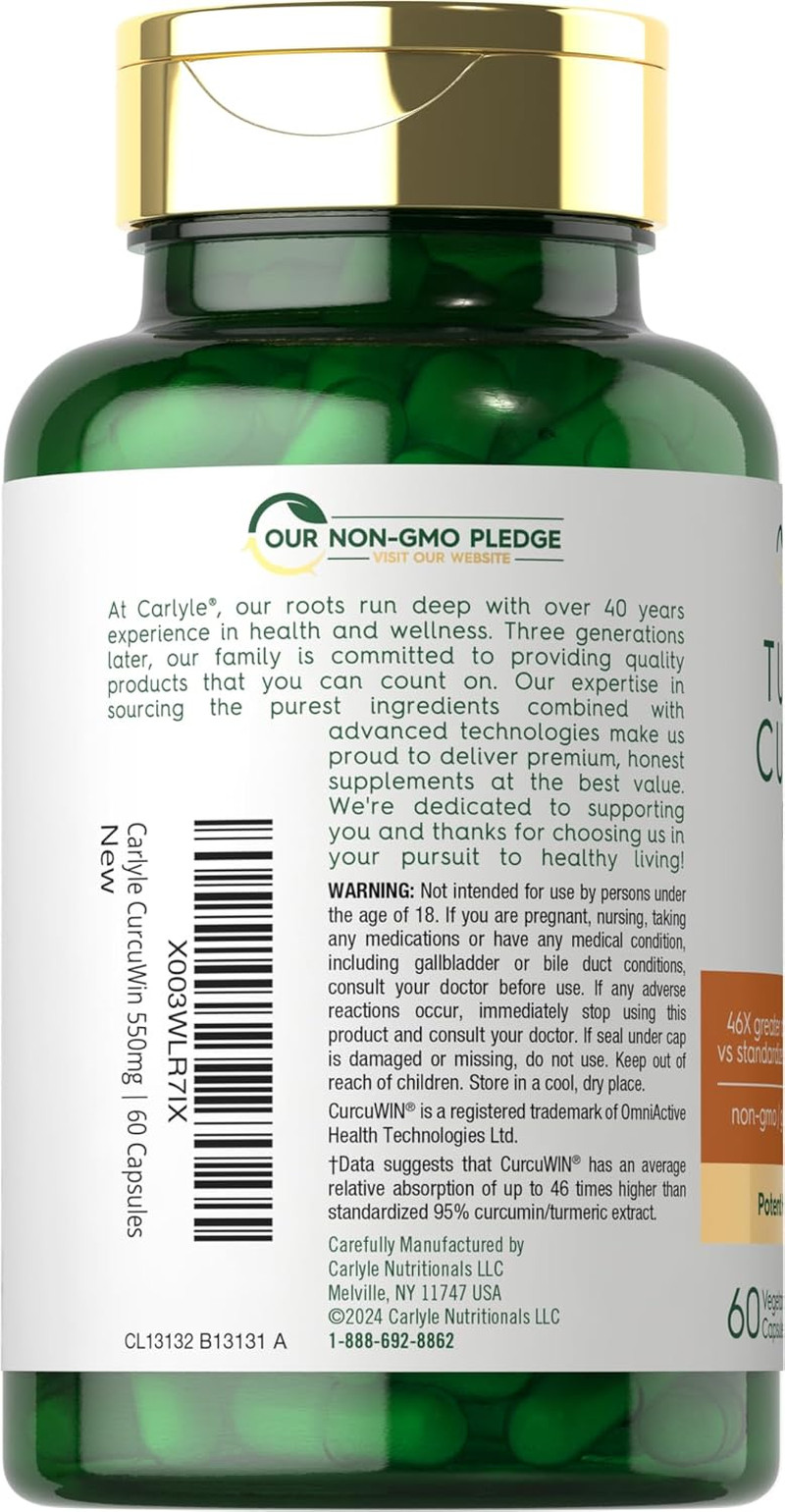 Turmeric Supplement 550Mg 60 Capsules Curcuwin Extract Complex Vegetarian, Non-G