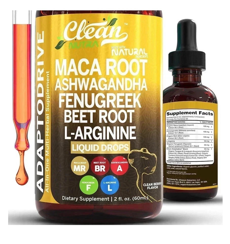 Organic Maca Root Liquid Drops Ashwagandha Fenugreek Beet Root plus L-Arginine
