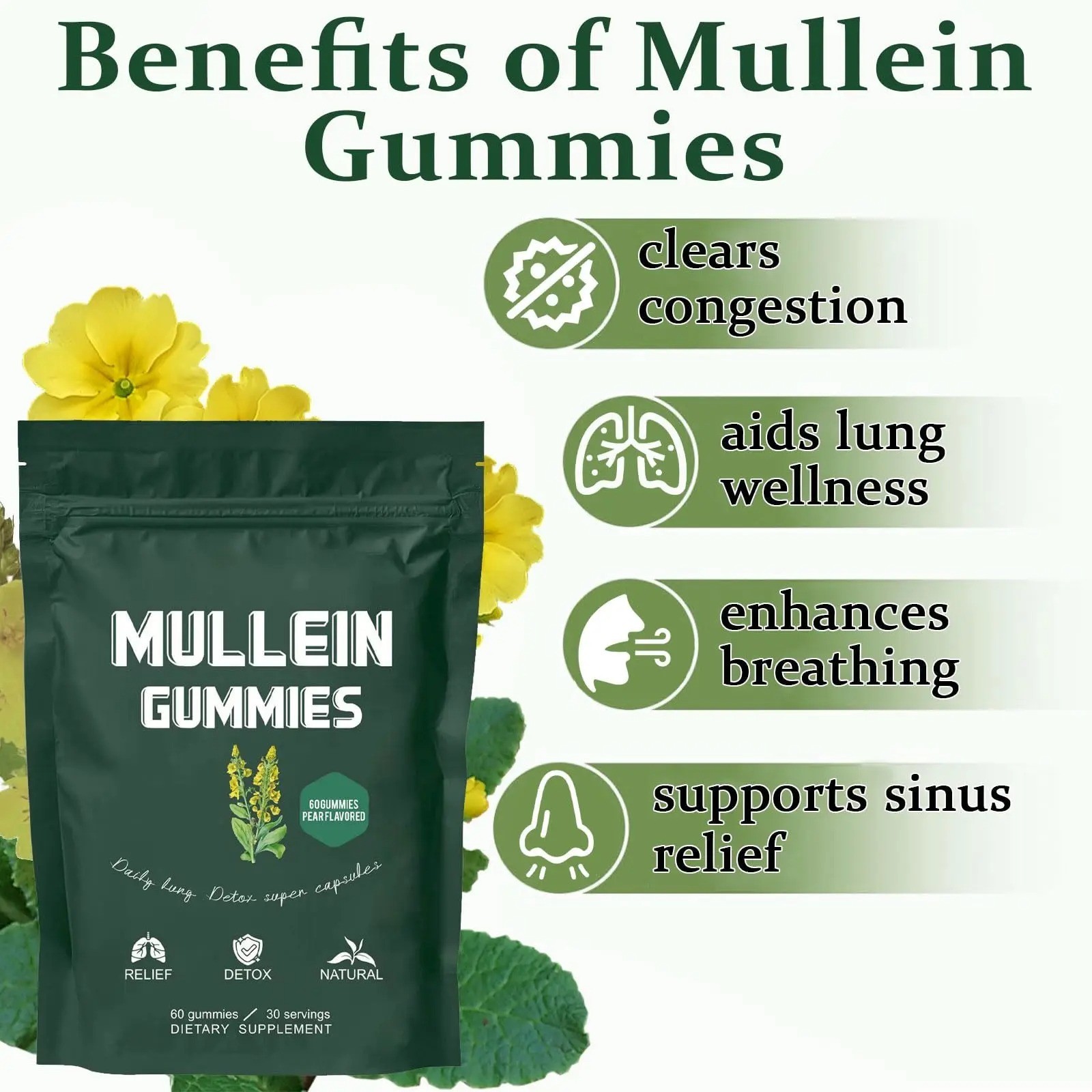 60Count Mullein Gummies For Lung Cleanse 2000mg Organic Mullein Leaf Extract NEW