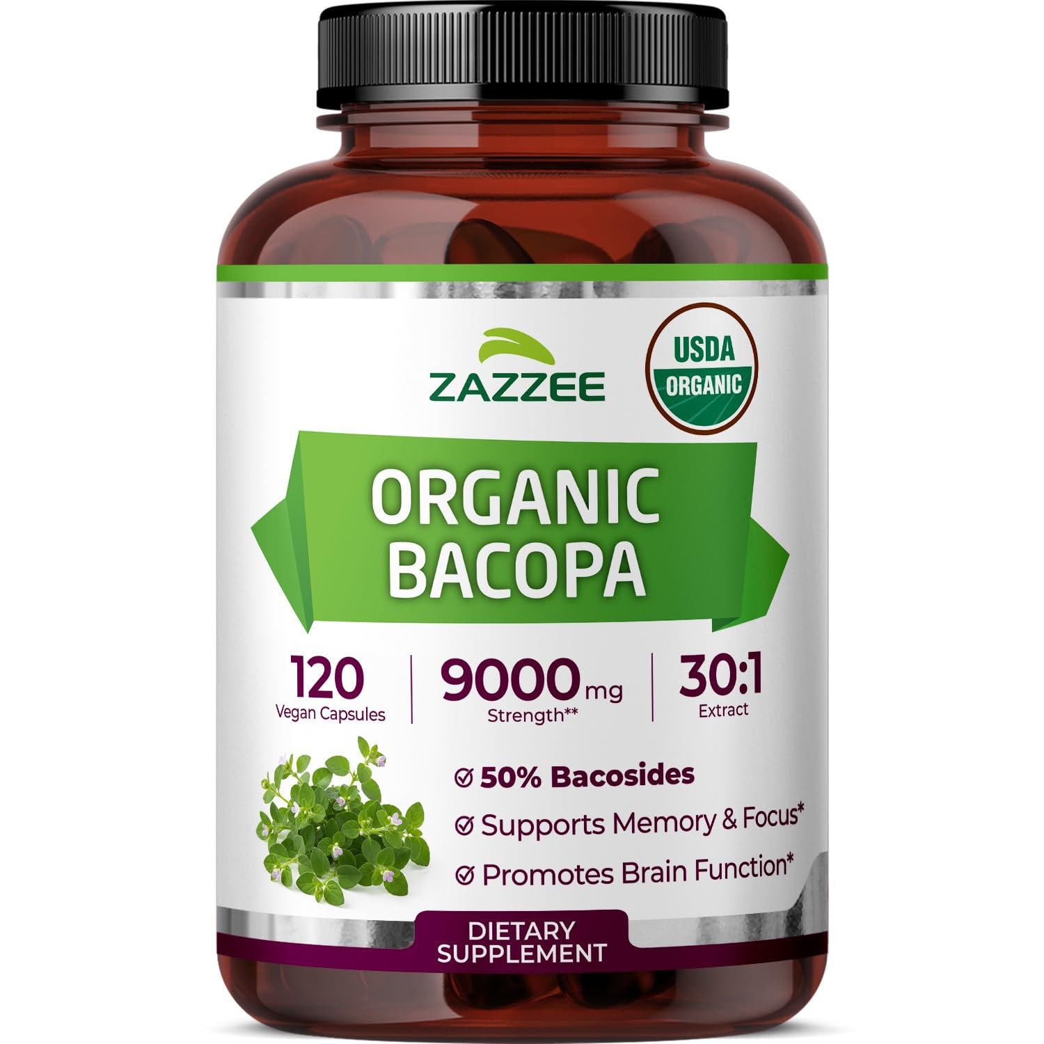 Zazzee USDA Organic Bacopa 301 Extract, 50% Bacosides, 120 Vegan Capsules, 4 …
