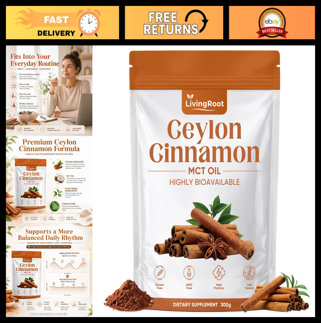 Organic Ceylon Cinnamon Powder with MCT Oil – Gluten Free, Non-GMO, 10.5oz