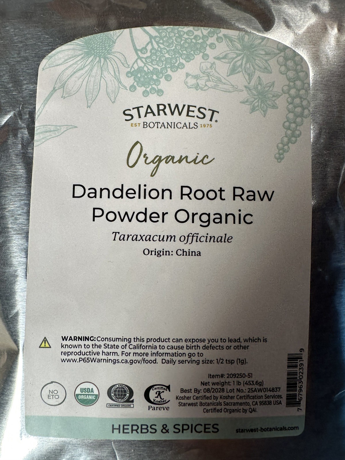 Starwest Botanicals Organic Dandelion Root Raw Powder 1lb 8/2028