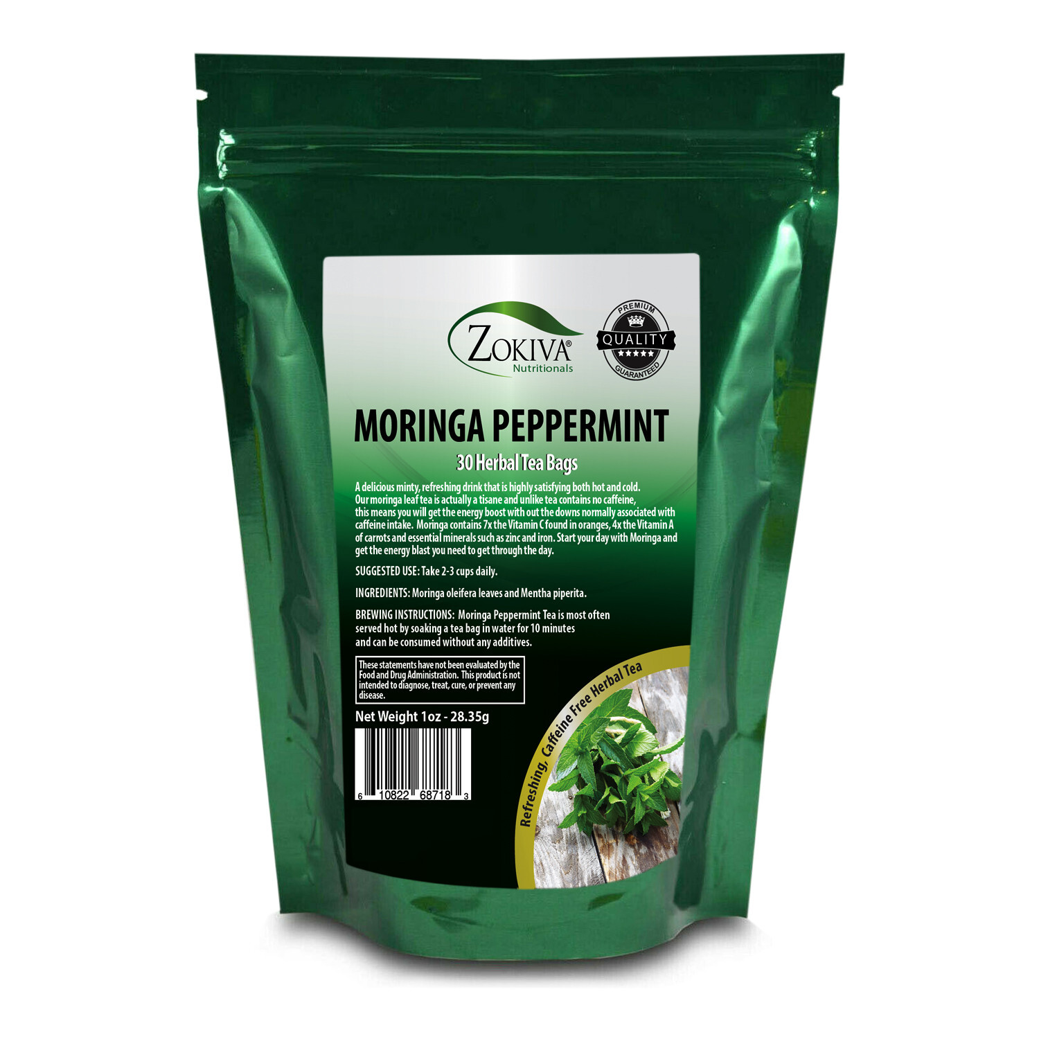 Moringa Peppermint Tea Bags (30) All-Natural, Premium – Caffeine-Free Herbal Tea